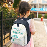 Customizable kids backpack with "YOUR DESIGN HERE" on girl, school bookbag for kids, navy blue and white