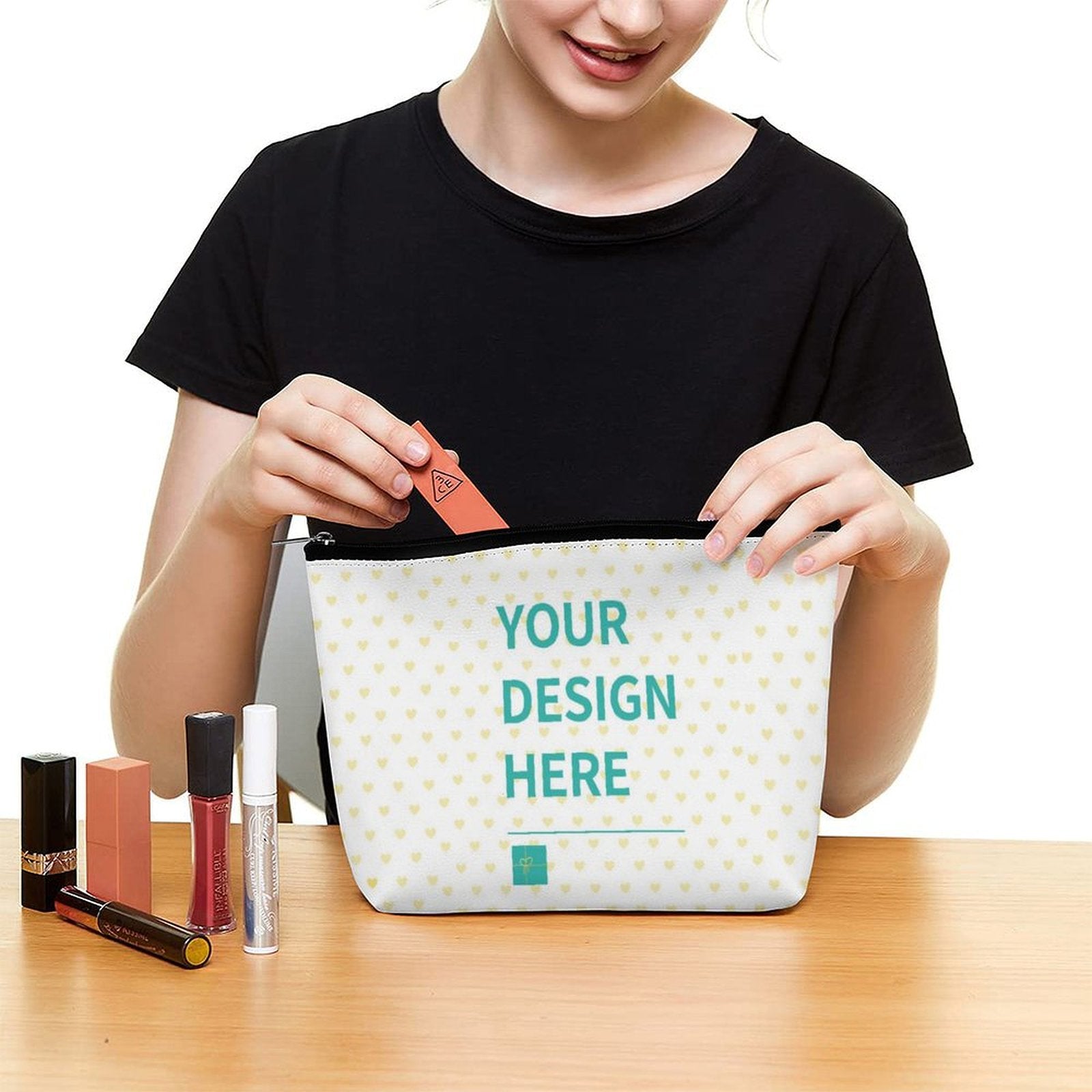 Custom PU makeup bag with 'YOUR DESIGN HERE', personalized cosmetic storage.