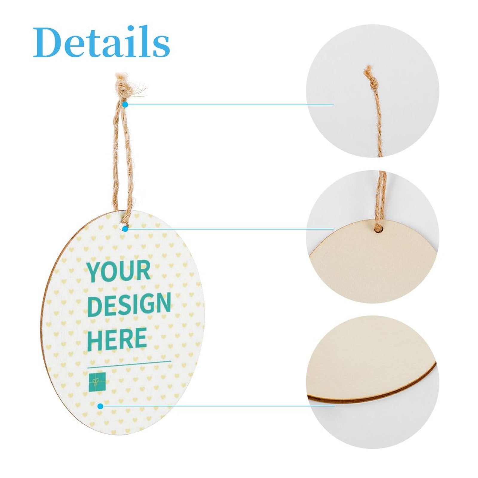 Customizable wooden egg hanging tag with rope, featuring "YOUR DESIGN HERE" text, perfect for home decor