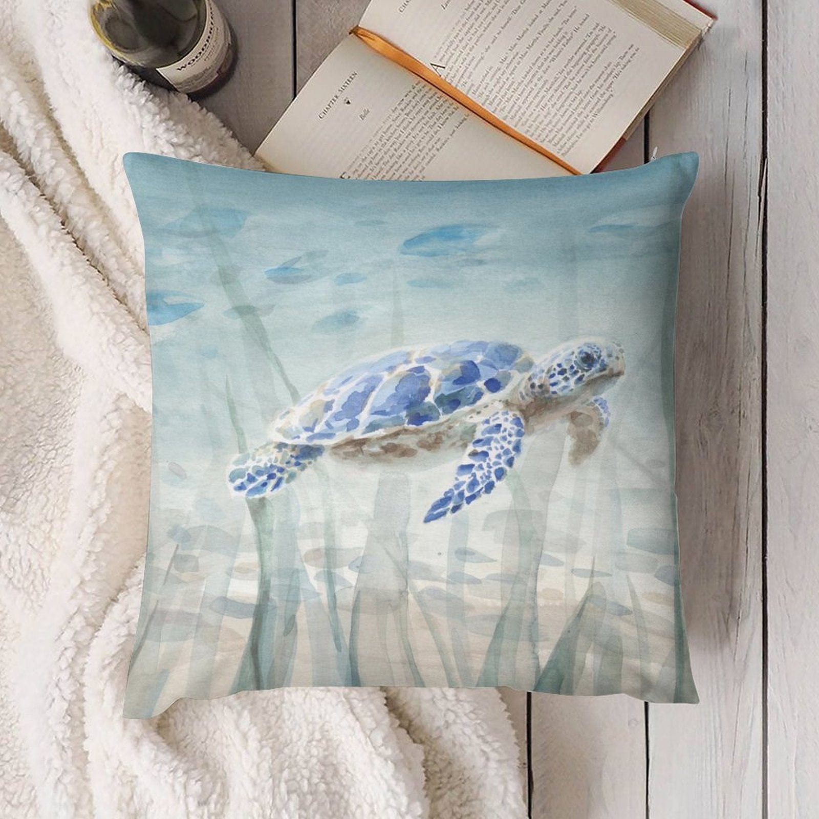 Blue sea turtle pillow cover, short plush material, decorative for living room or sofa, watercolor design