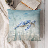 Blue sea turtle pillow cover, short plush material, decorative for living room or sofa, watercolor design