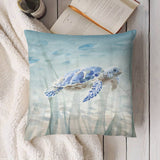 Plush throw pillow cover with blue sea turtle design, ideal for sofa or bed decor, featuring soft plush material.