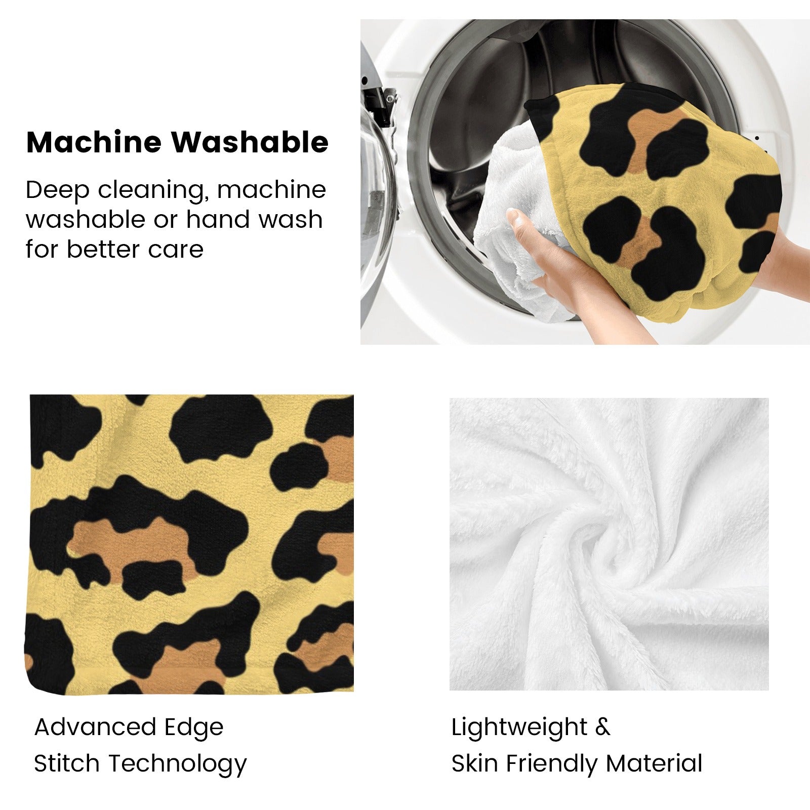 Animal skin flannel blanket in washing machine, machine washable and skin friendly material for easy care.