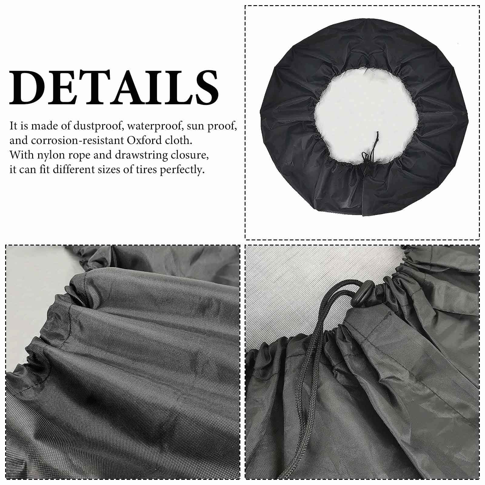Black Oxford Cloth Tire Cover Details, waterproof and dustproof, with drawstring closure, protect tires