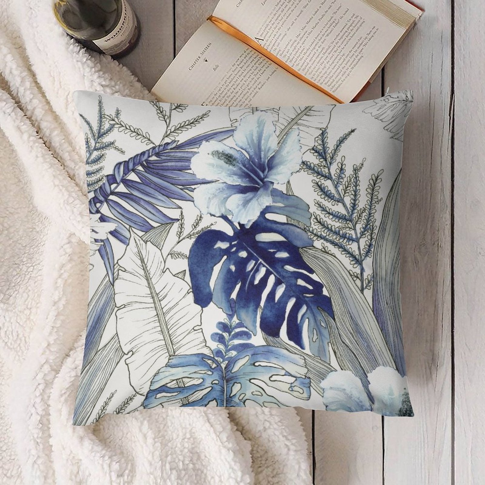 Blue floral plush throw pillow cover for sofa and couch, soft and fluffy, living room decor, MyArtsyGift.