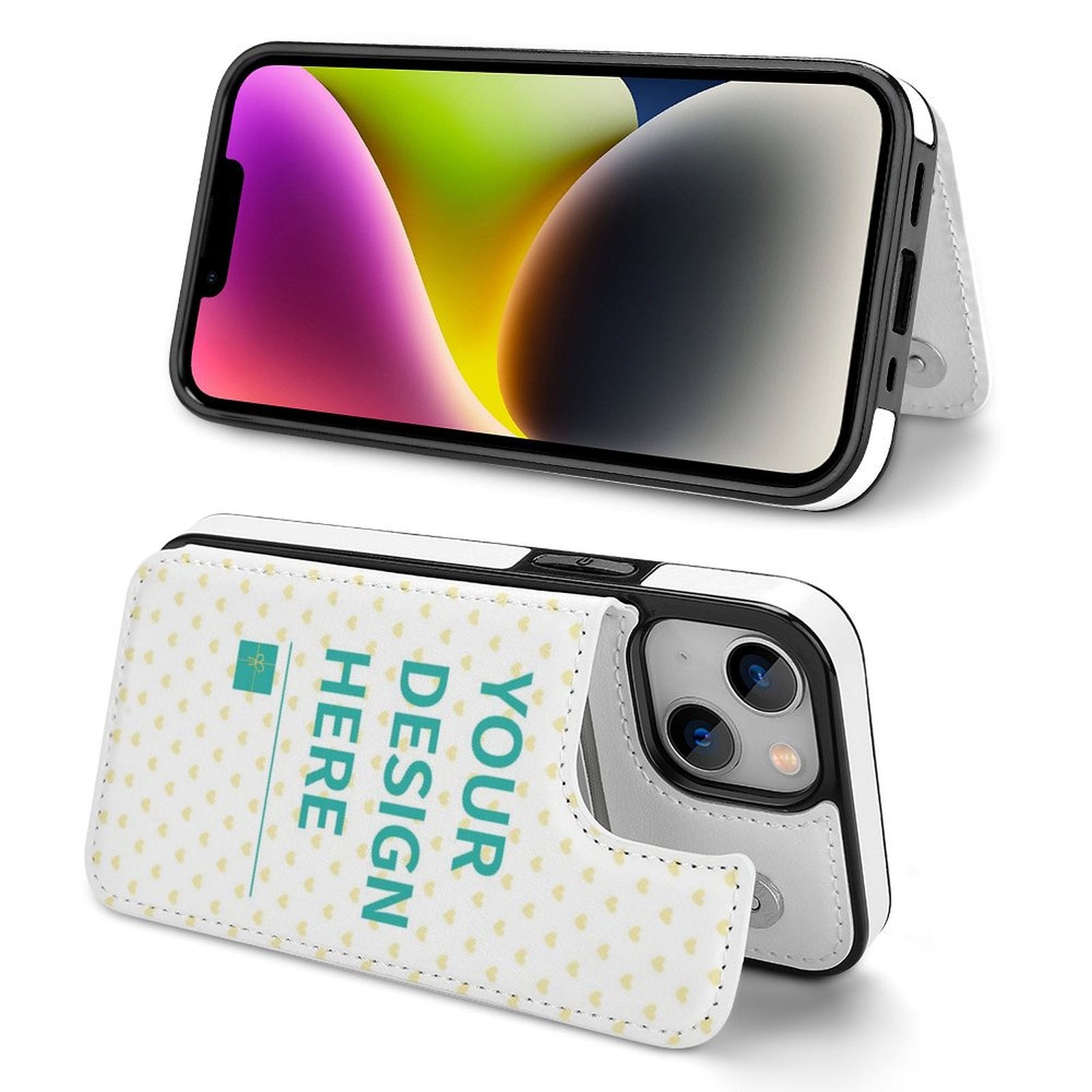 Custom iPhone 14 Series flip phone case with your design, white PU leather, magnetic closure, and card slots.