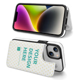 Custom iPhone 14 Series flip phone case with your design, white PU leather, magnetic closure, and card slots.