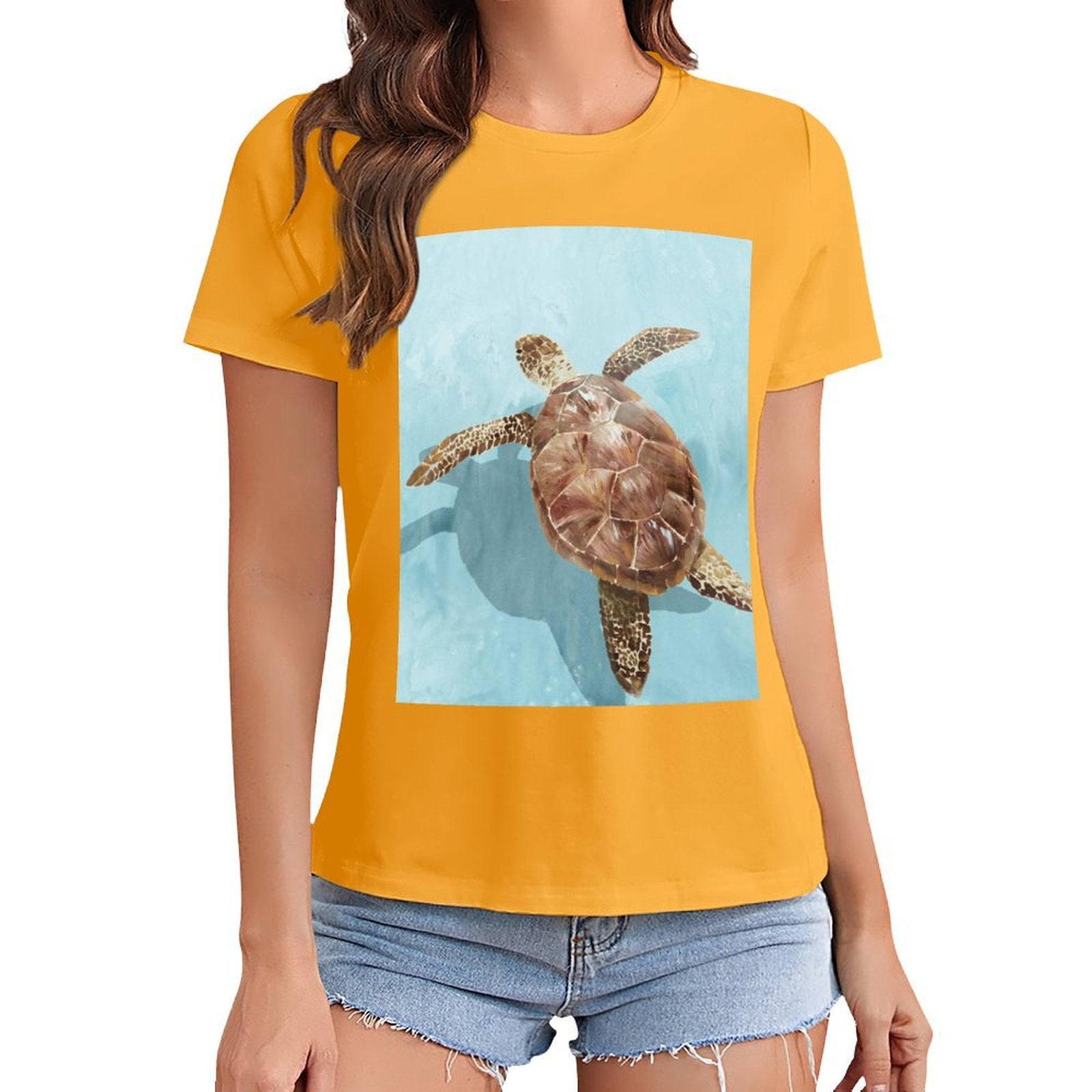 Women's gold crewneck t-shirt with sea turtle graphic print, casual summer wear, MyArtsyGift.