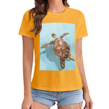 Women's gold crewneck t-shirt with sea turtle graphic print, casual summer wear, MyArtsyGift.