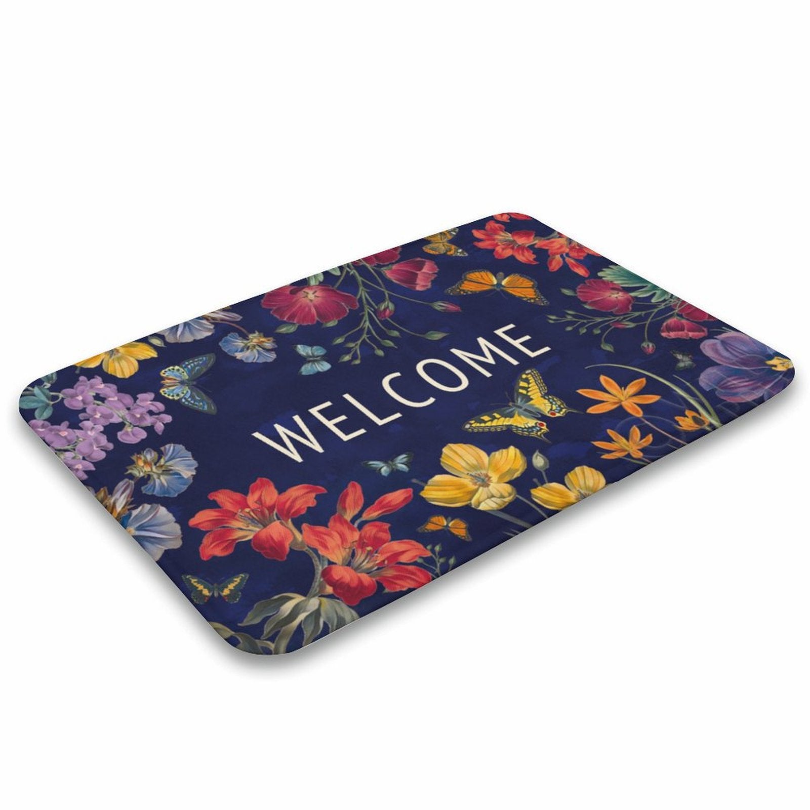 Coral velvet bath rug with floral design and 'WELCOME' text, non-slip, for bathroom