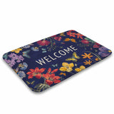 Coral velvet bath rug with floral design and 'WELCOME' text, non-slip, for bathroom