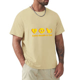 Men's short-sleeved beige t-shirt with Love Death & Cat design, classic crew neck tee for men.