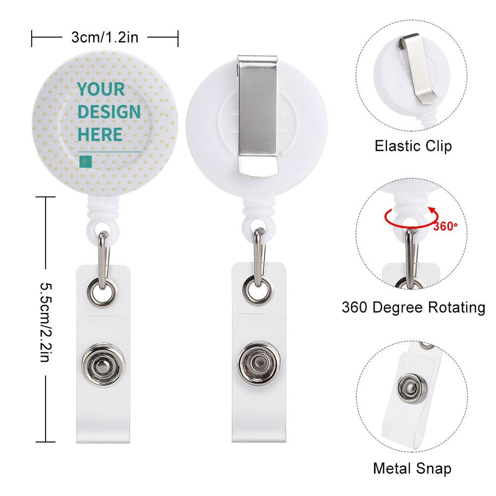 Personalized Badge Reel Holder with Clip, Customizable PP material, 360 rotation for women men