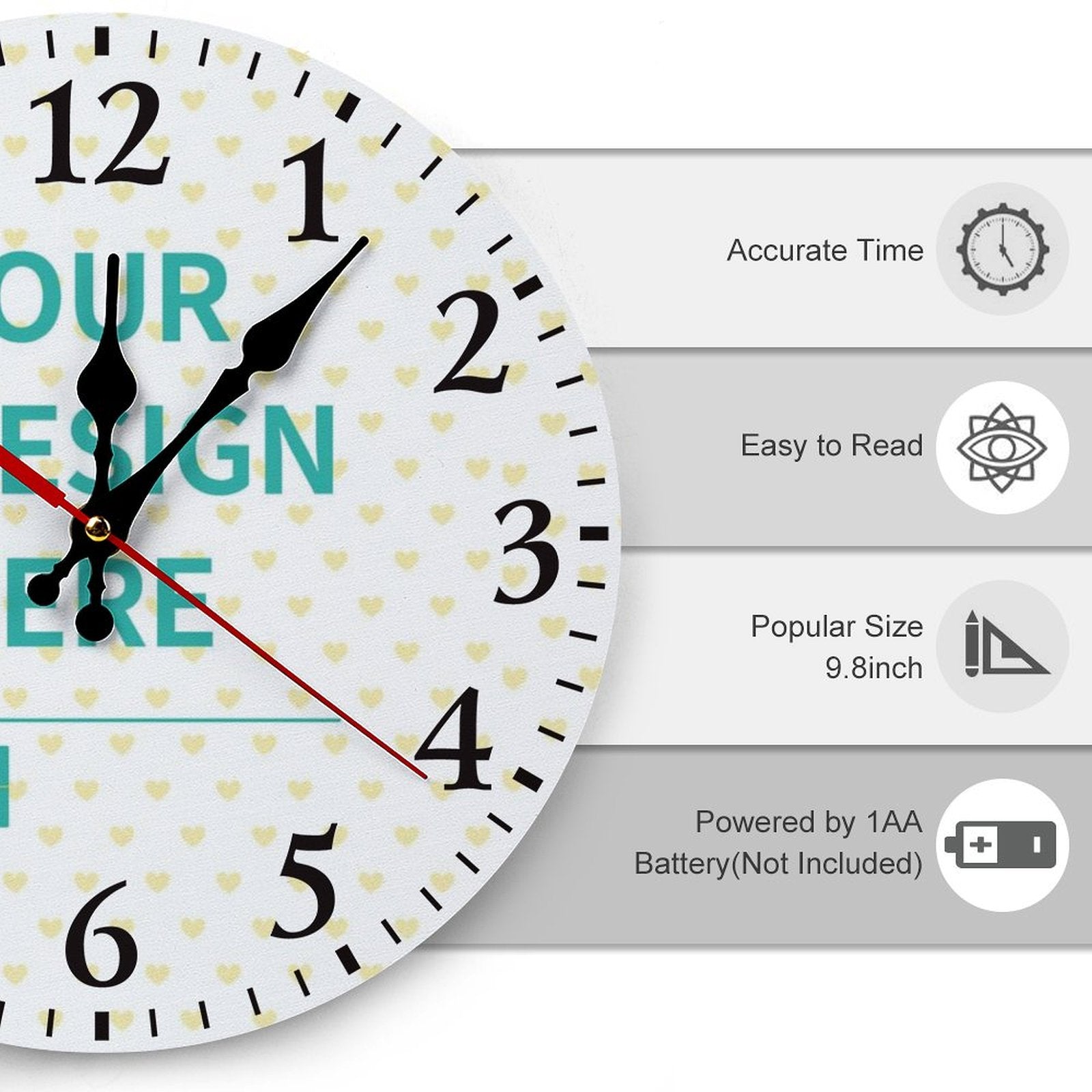 Custom wooden wall clock with personalized design, accurate time, easy to read, 9.8 inch size, and 1AA battery.