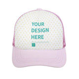 Customizable trucker hat with 'YOUR DESIGN HERE' text and heart pattern, pink bill and mesh back - MyArtsyGift