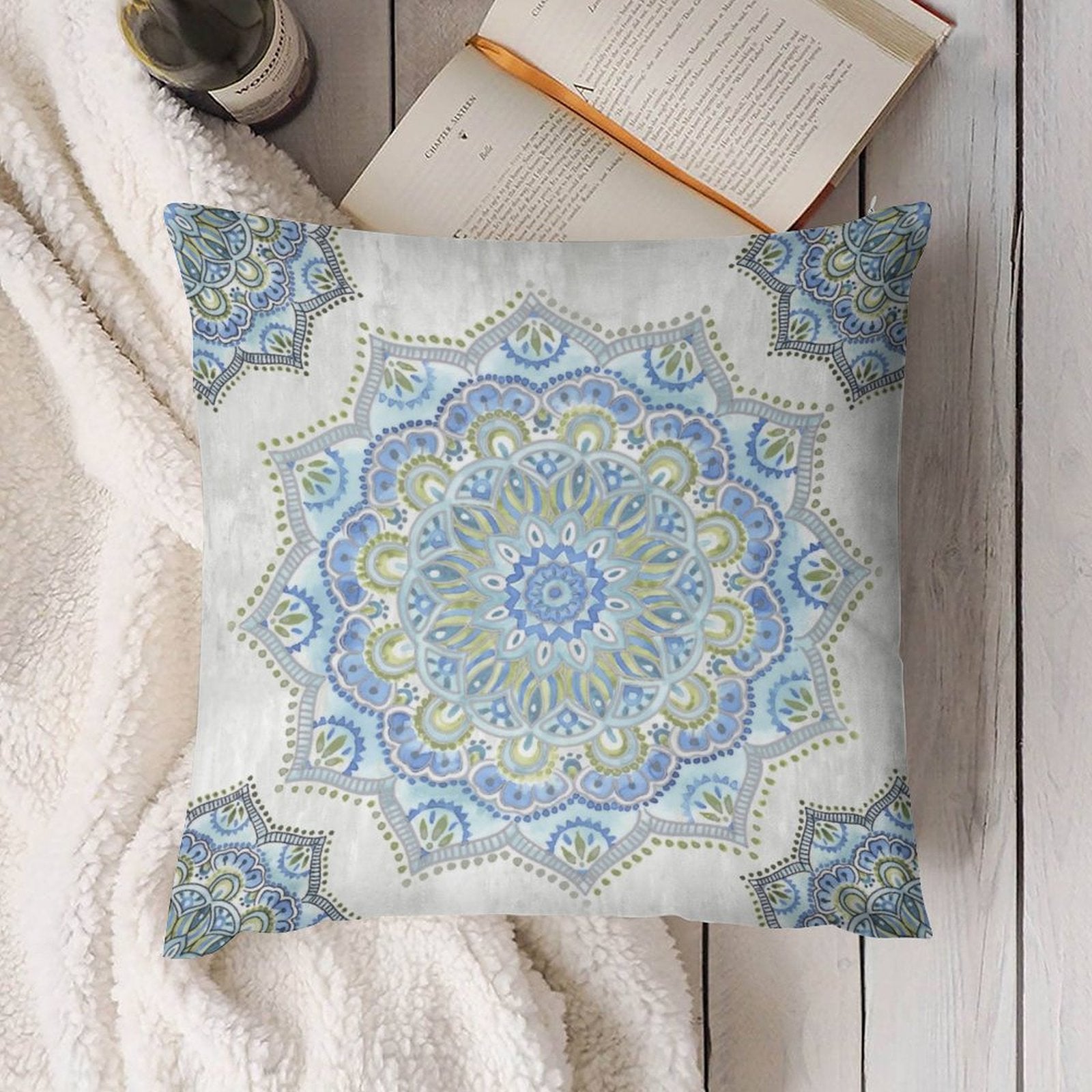 Plush throw pillow cover with blue and green mandala design, perfect for sofa and living room decor