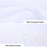 White custom shower curtain showcasing 100% polyester fabric and water-resistant properties.