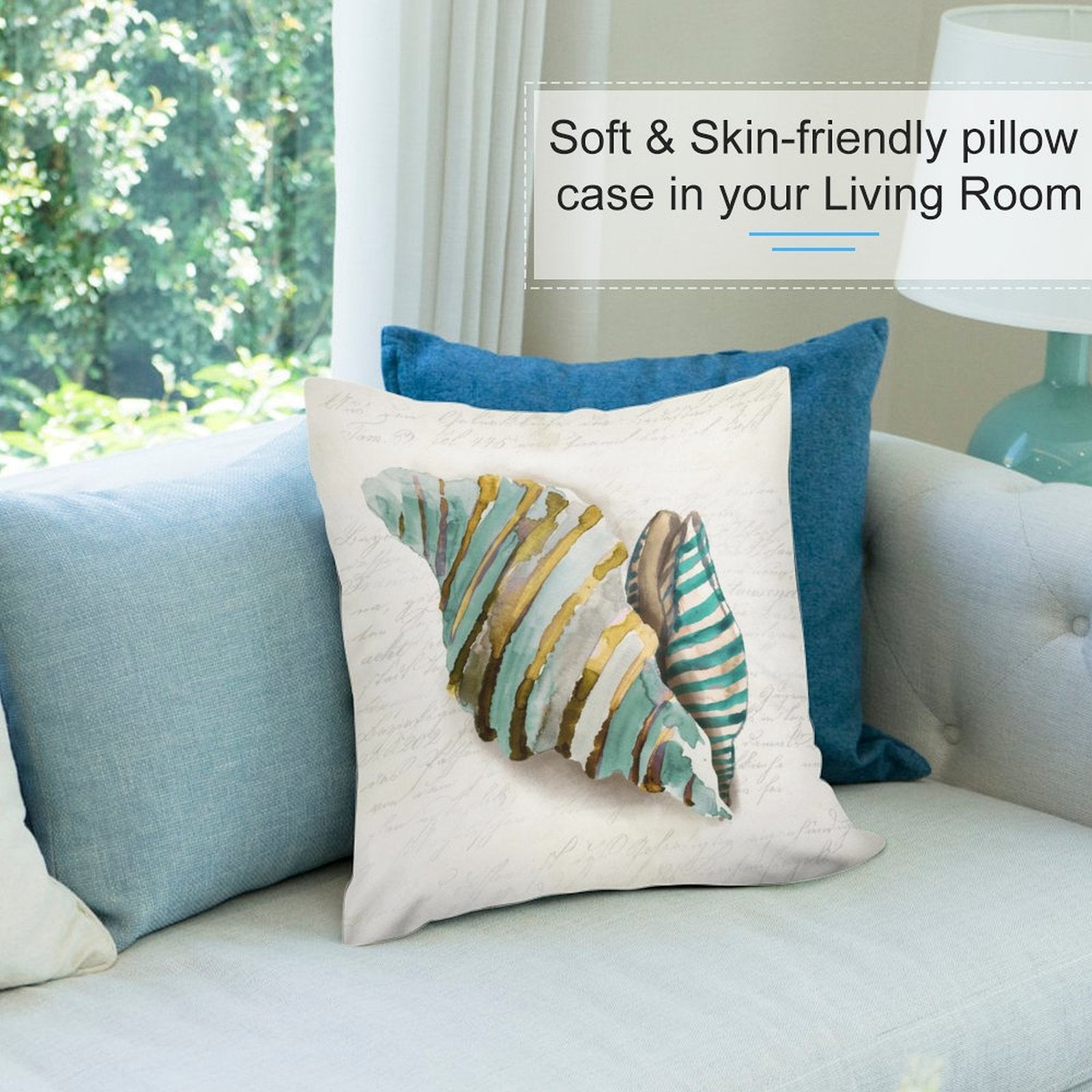 Soft plush seashell pillow cover for sofa in living room, teal and gold watercolor design