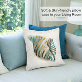 Soft plush seashell pillow cover for sofa in living room, teal and gold watercolor design