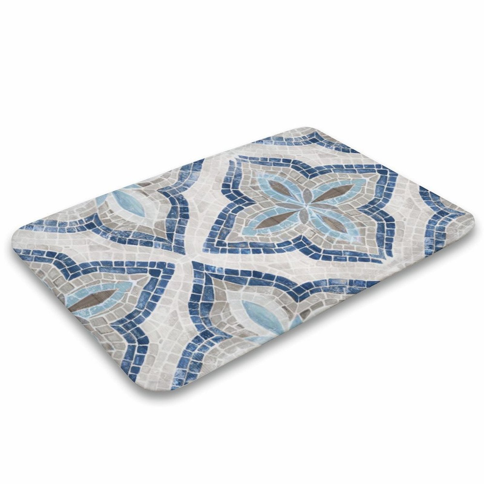 Coral velvet bath rug with mosaic tile design in blue, gray, and white; Non-slip bathroom floor carpet