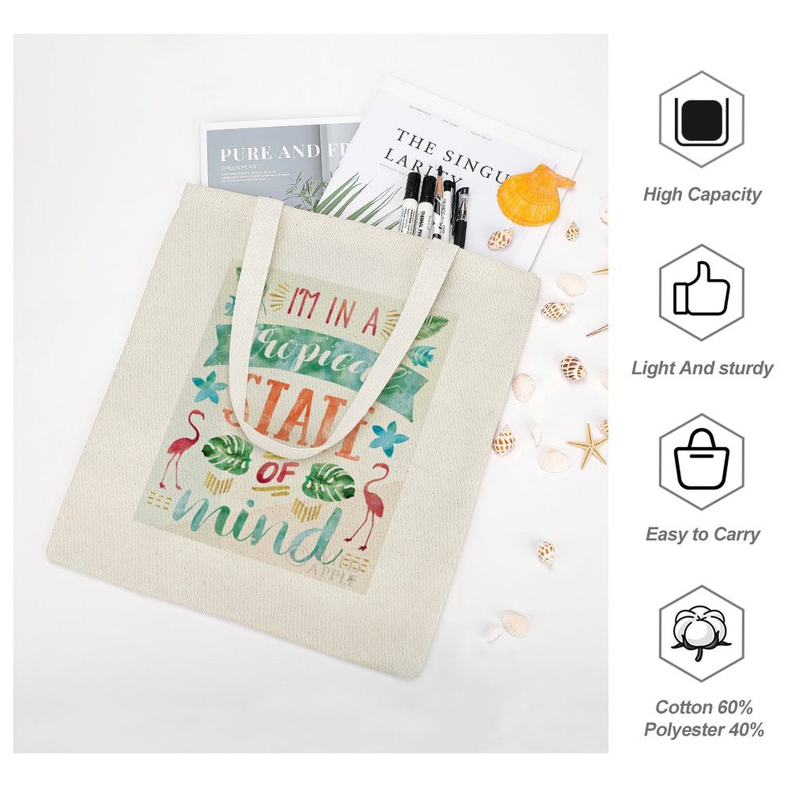 Tropical state of mind tote bag. Cotton canvas shopping bag for women, perfect for beach and travel.