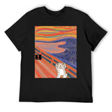 Men's black crew neck t-shirt with cat-themed 'The Scream' art, a unique classic tee for men.