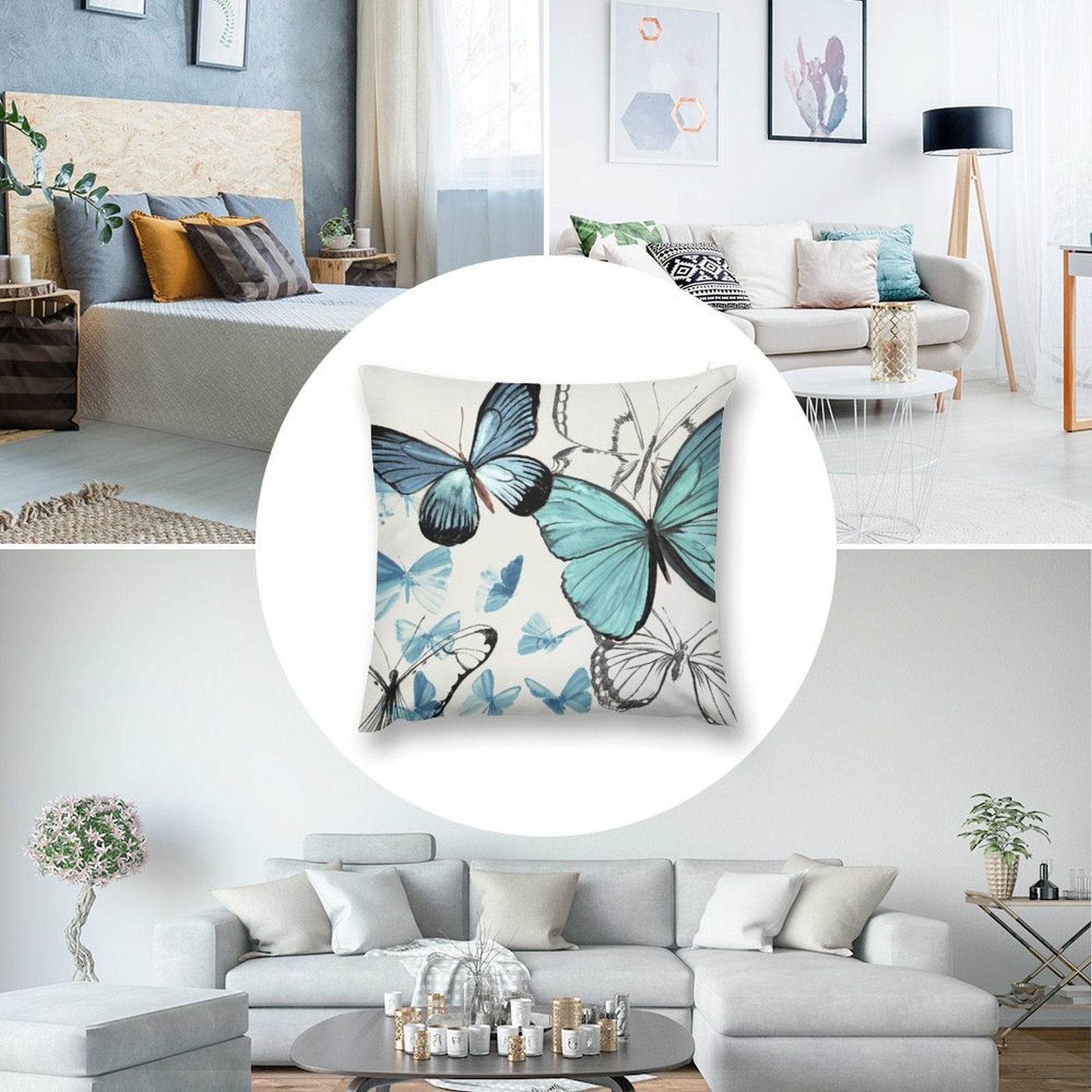 Plush pillow cover with blue butterfly art, for sofa or couch decor, soft short plush material.