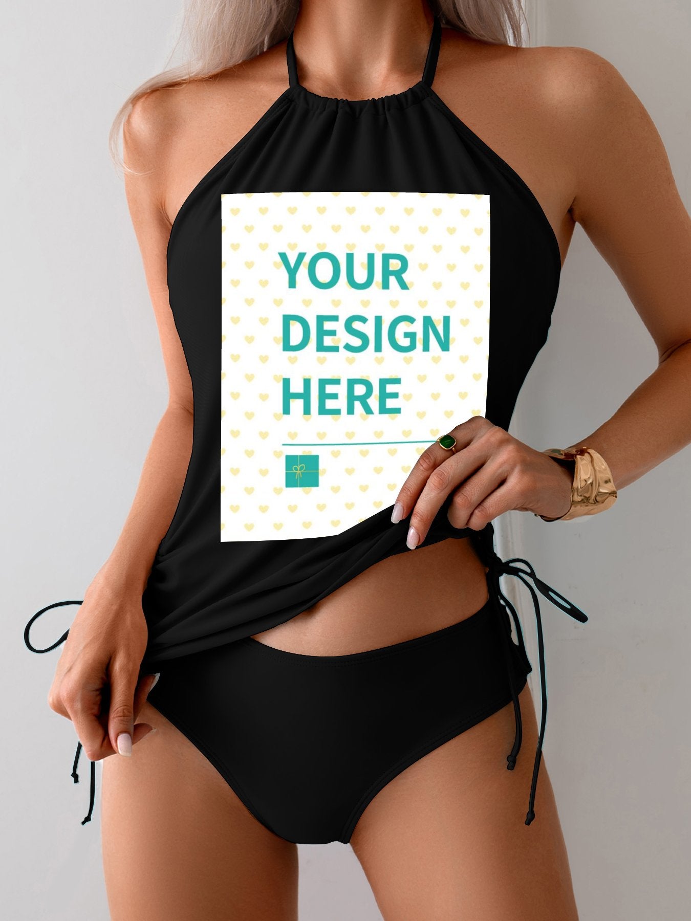 Custom black swimsuit for women with 'YOUR DESIGN HERE', personalized swimwear