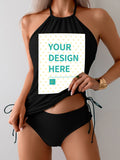 Custom black swimsuit for women with 'YOUR DESIGN HERE', personalized swimwear