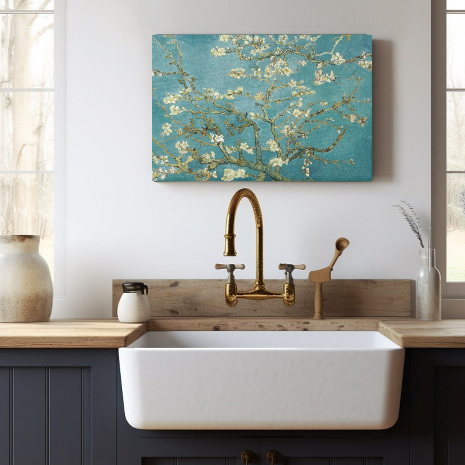 Van Gogh's Almond Blossom canvas print in a kitchen; wall art for home decor with a teal background, white flowers