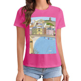 Women's pink crewneck t-shirt with coastal town graphic print from MyArtsyGift, art lovers clothing.