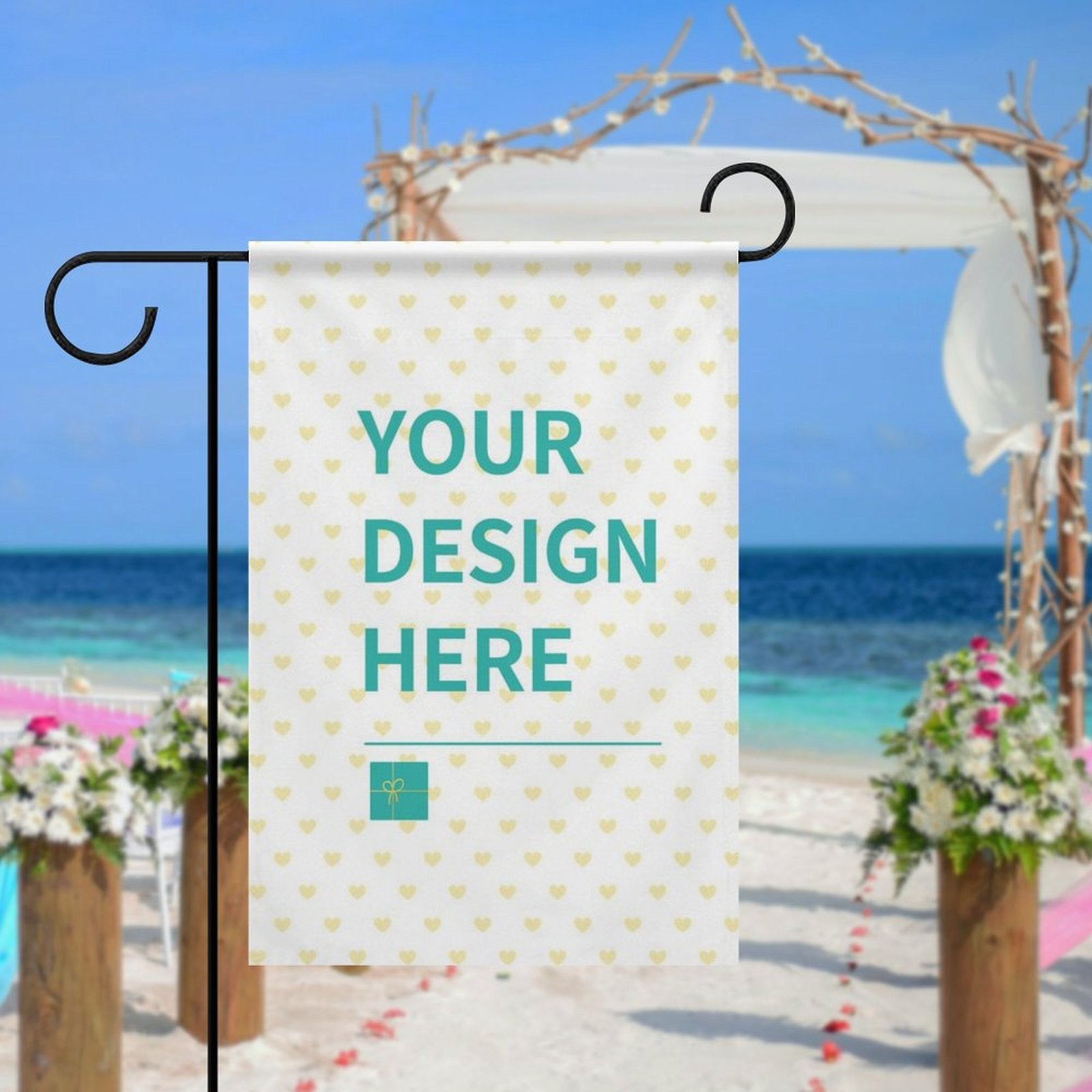 MyArtsyGift Personalized Garden Flag with YOUR DESIGN HERE text, heart pattern, outdoor decor, beach view, and gift icon