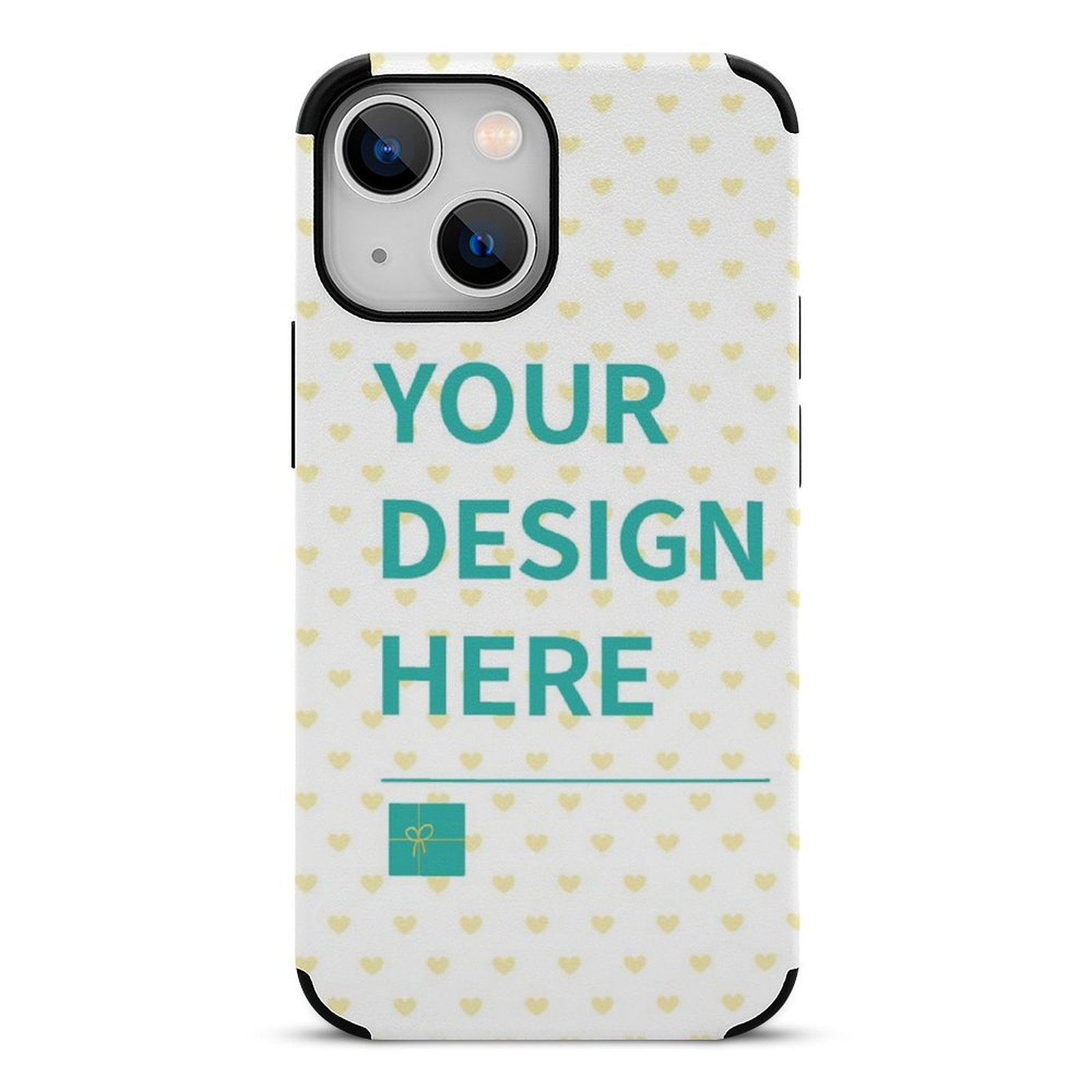 iPhone 13 series custom photo case. White, heart pattern design with 'YOUR DESIGN HERE'. Personalized phone case.