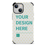 iPhone 13 series custom photo case. White, heart pattern design with 'YOUR DESIGN HERE'. Personalized phone case.