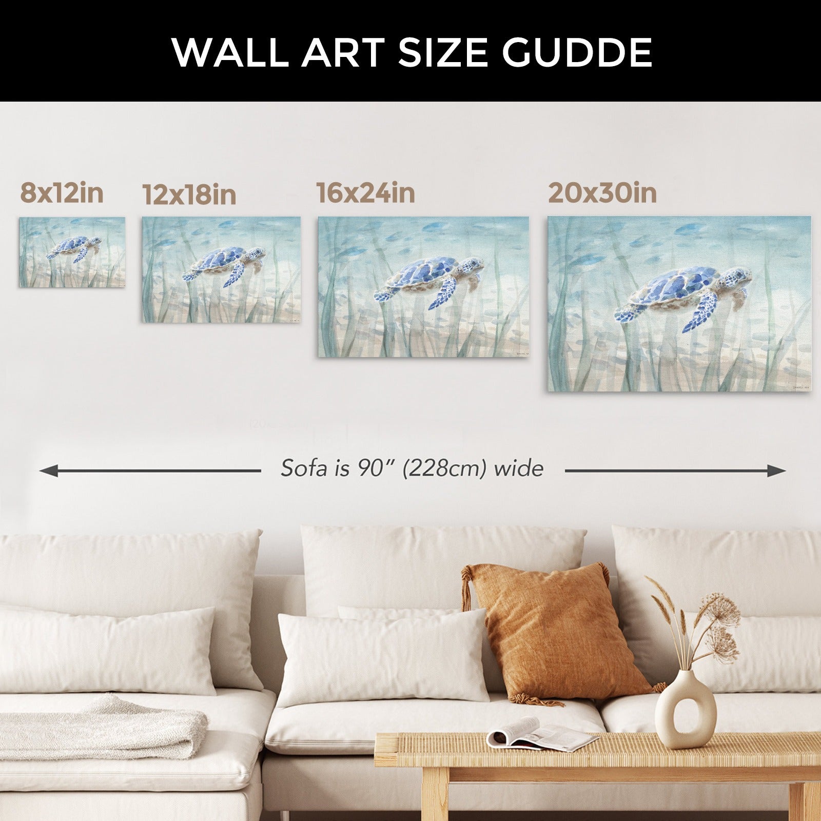 Undersea Turtle Canvas Print size guide. Shows different canvas sizes with blue sea turtle art, wall decor for home.