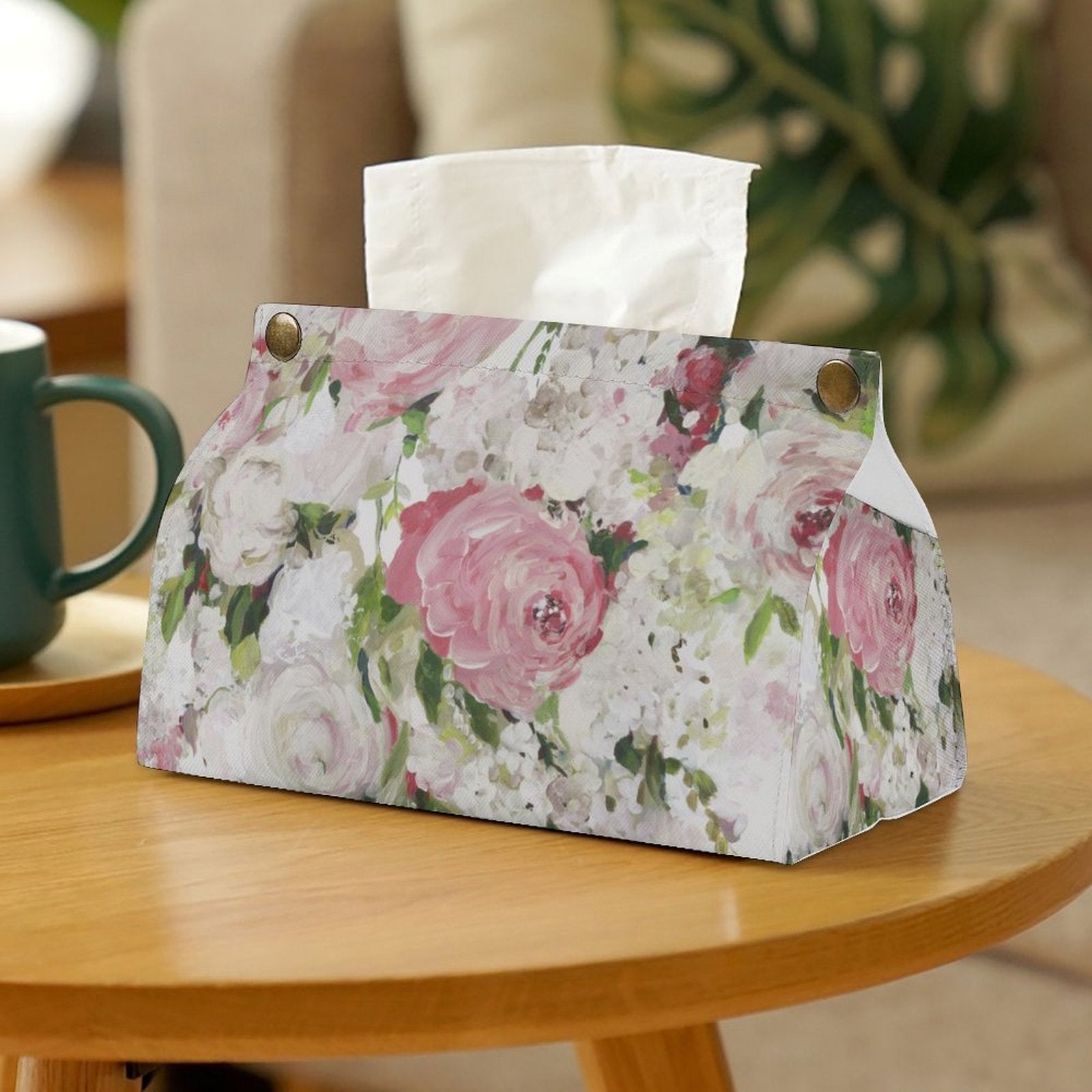Floral tissue box cover with pink rose design, rectangular PU facial tissue holder for bathroom, office or home decor.