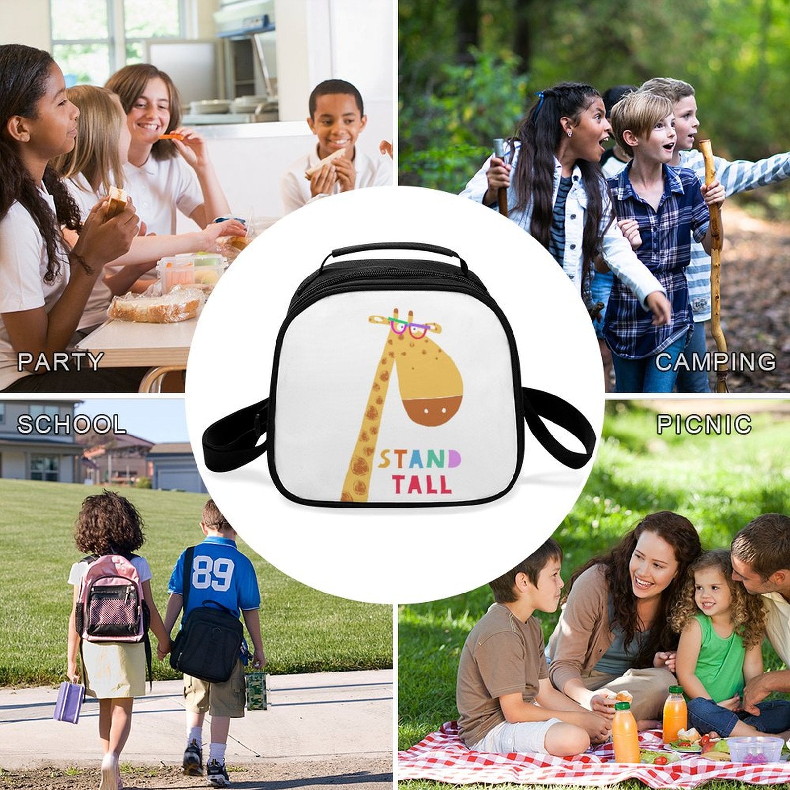 MyArtsyGift kids lunch bag with giraffe design and Stand Tall message, perfect for school, picnic, and camping.