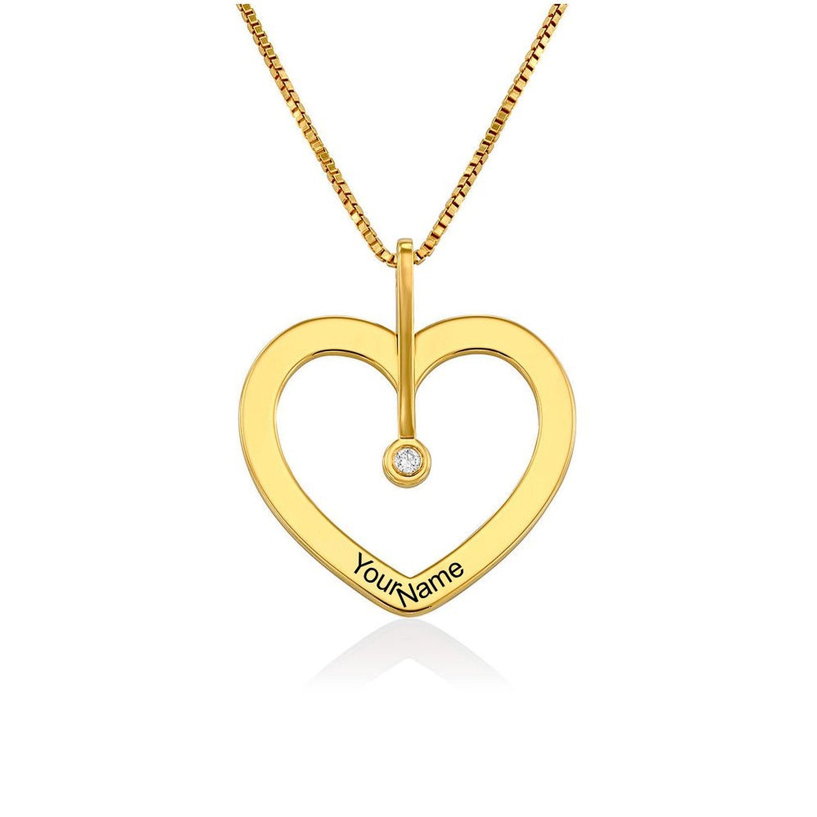 Gold heart necklace with diamond and custom engraved name, perfect jewelry gift for women