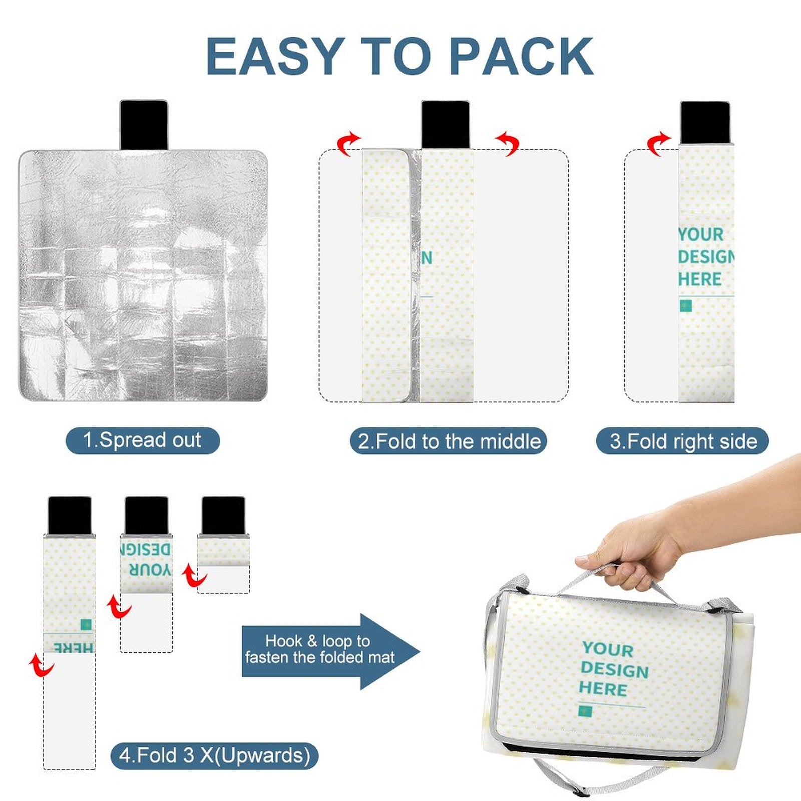 Foldable picnic blanket: Easy packing steps with custom design. Waterproof outdoor mat for travel.