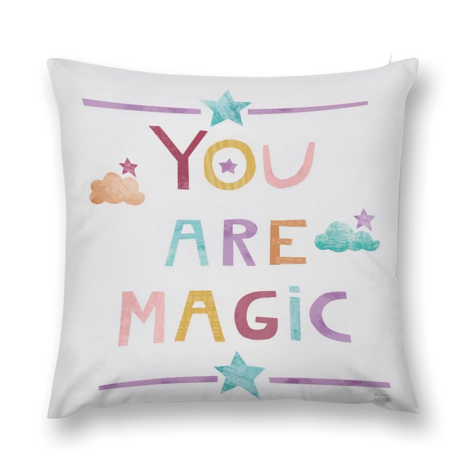 White plush pillow cover with 'You Are Magic' text and star design, ideal for sofa or bed.