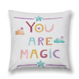 White plush pillow cover with colorful "YOU ARE MAGIC" design, for sofa or couch