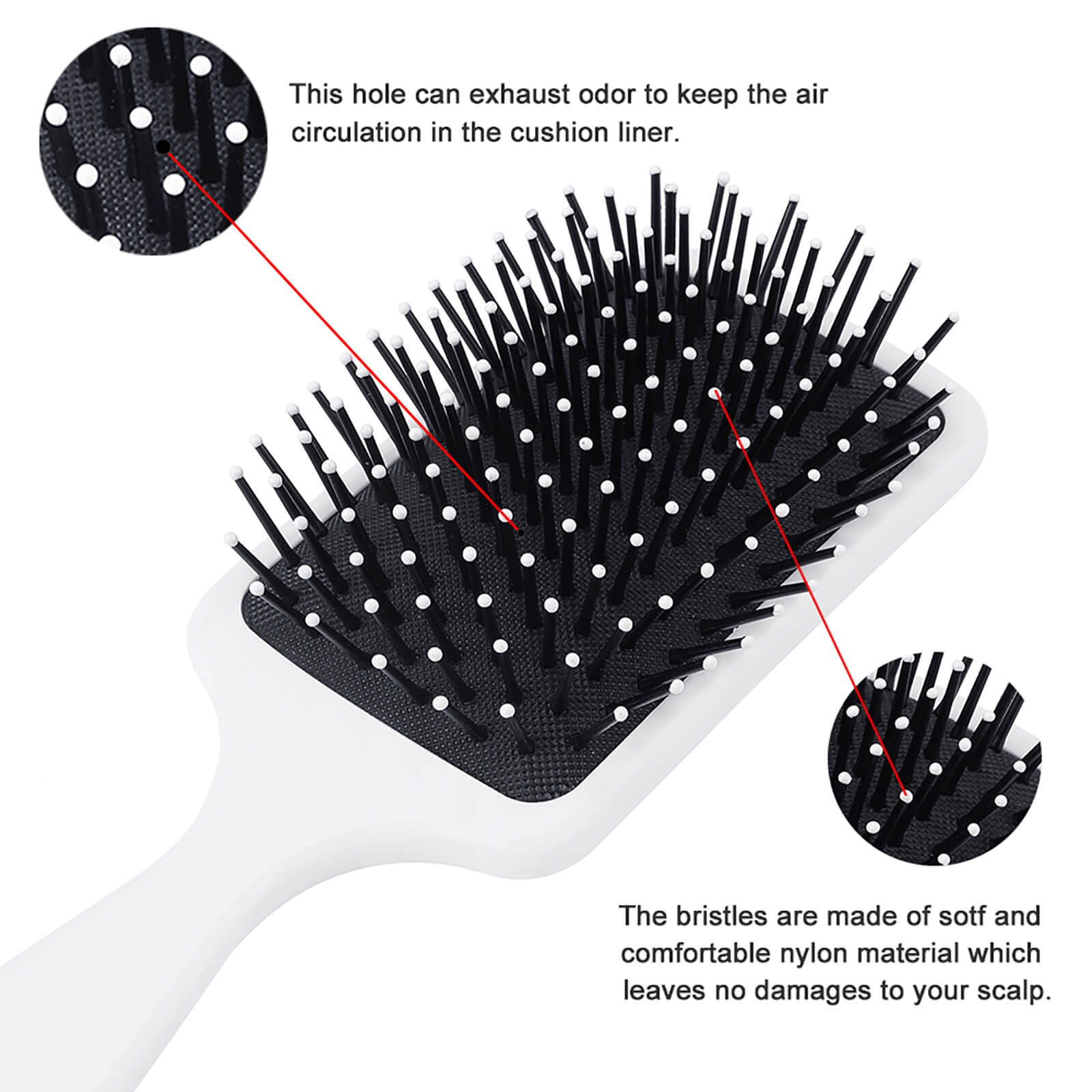 Air cushion massage hair brush with white handle, soft nylon bristles for gentle scalp massage.