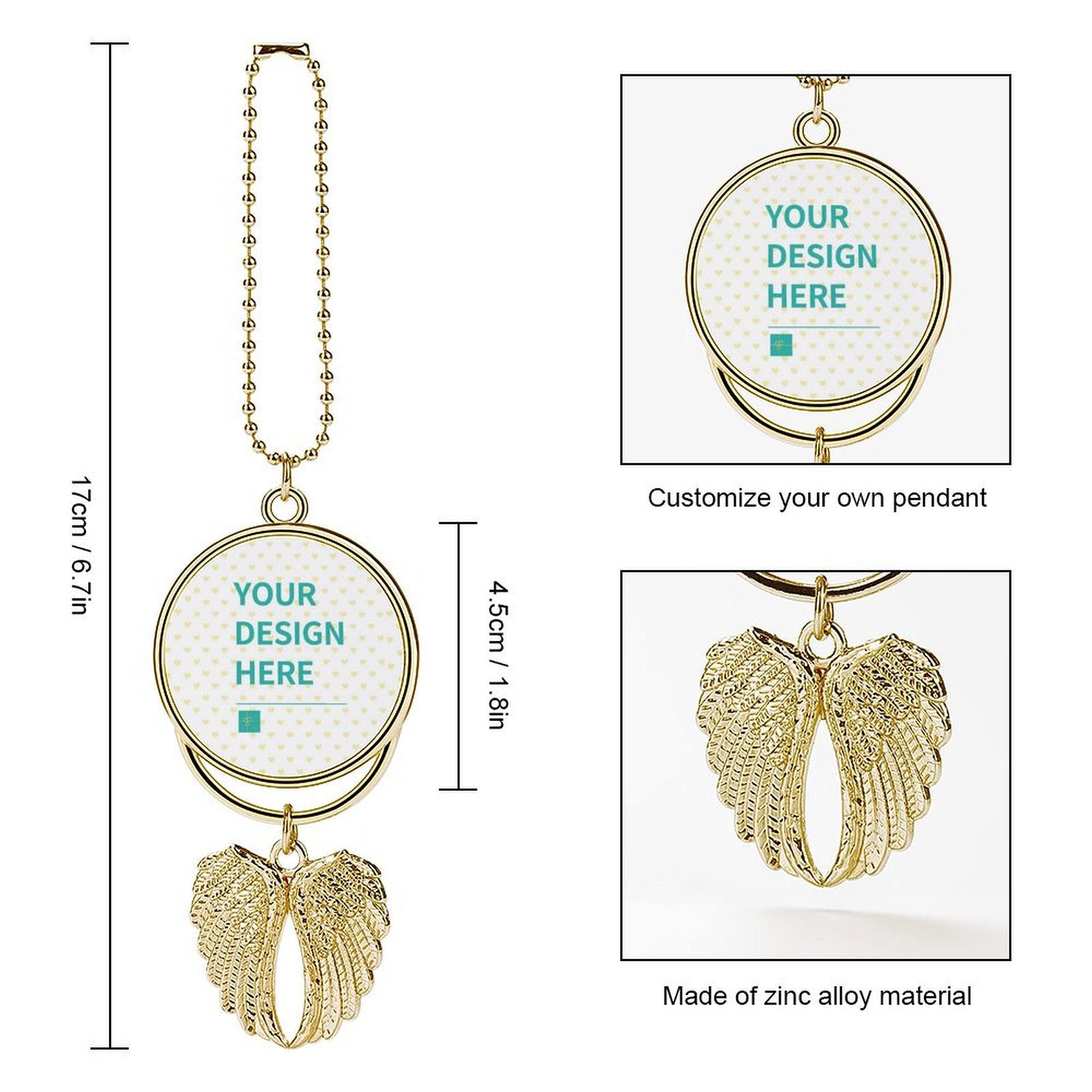 Customizable gold car rear view mirror pendant with angel wings made of zinc alloy, personalized design.