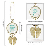 Customizable gold car rear view mirror pendant with angel wings made of zinc alloy, personalized design.