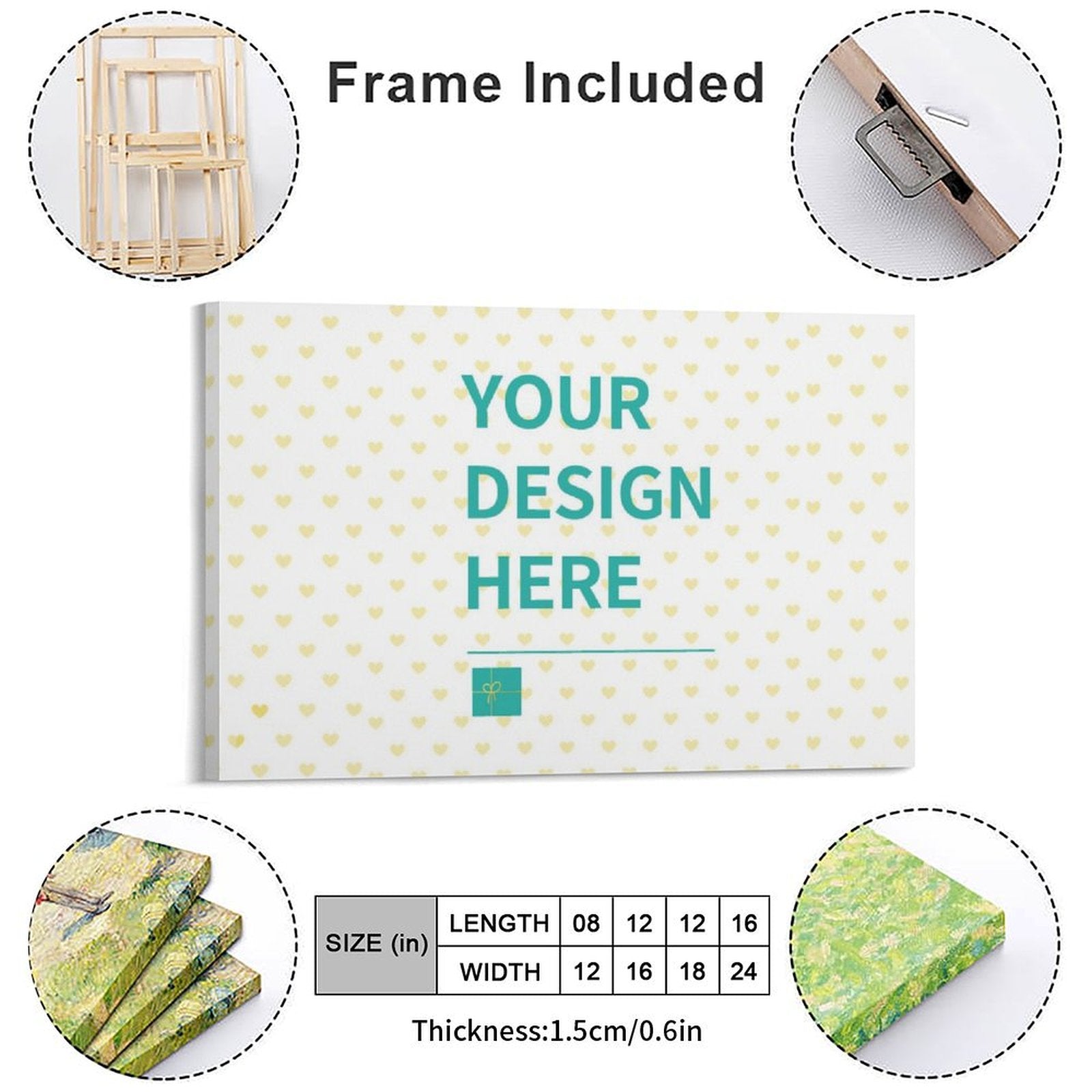 Personalized canvas print with 'Your Design Here', framed, available in various sizes. Great for custom wall art.