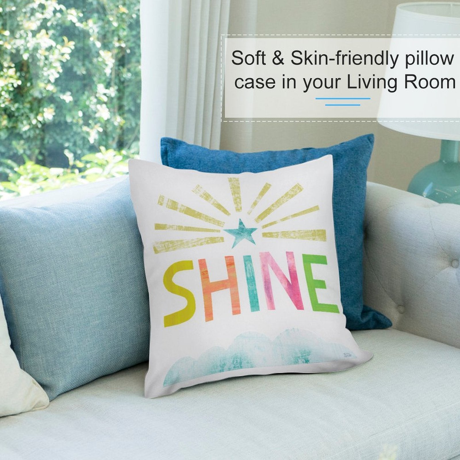 SHINE plush pillow cover on a couch, perfect for living room decor. Soft, skin-friendly short plush material.