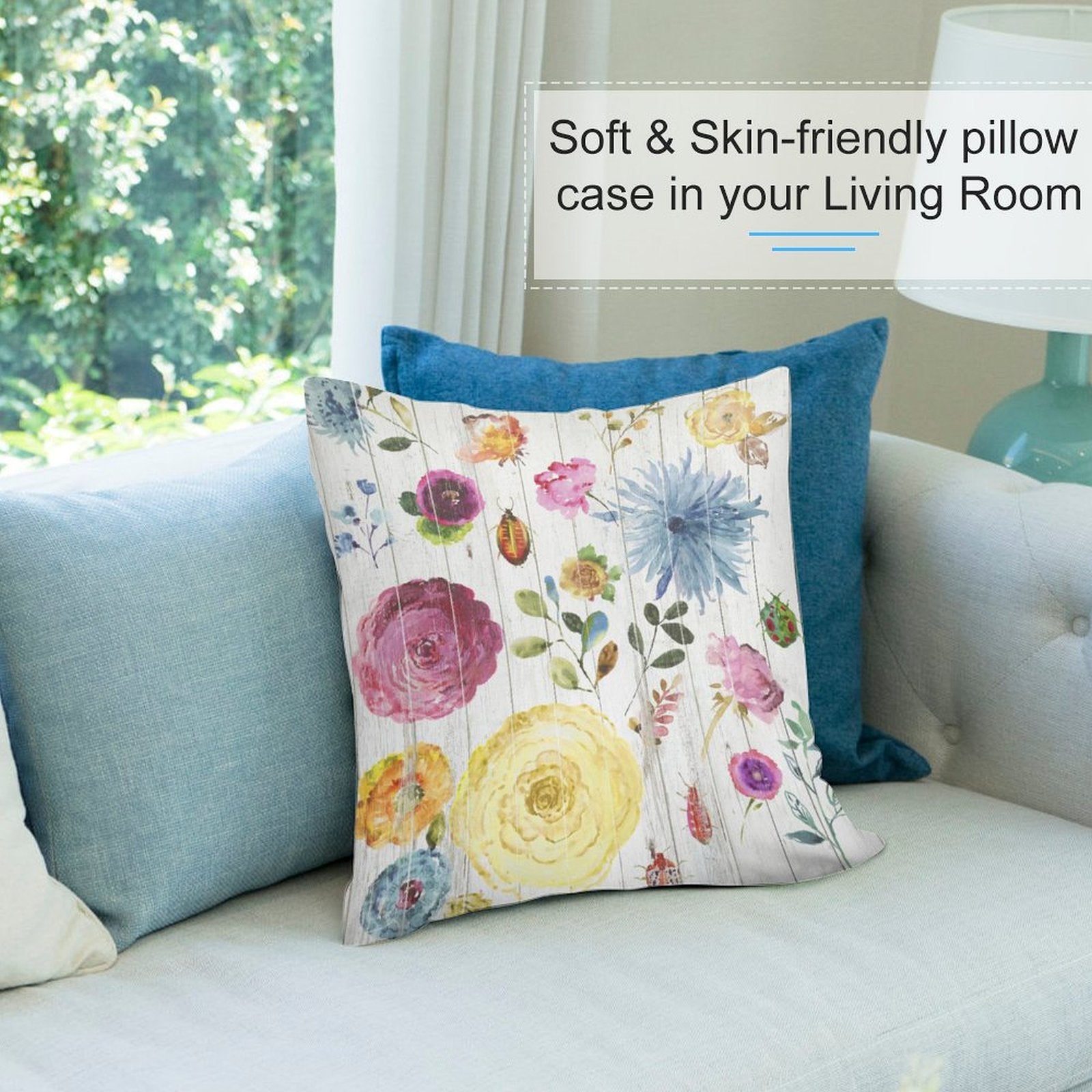 Soft plush pillow cover with watercolor floral design on sofa, MyArtsyGift home decor, soft and skin-friendly pillowcase
