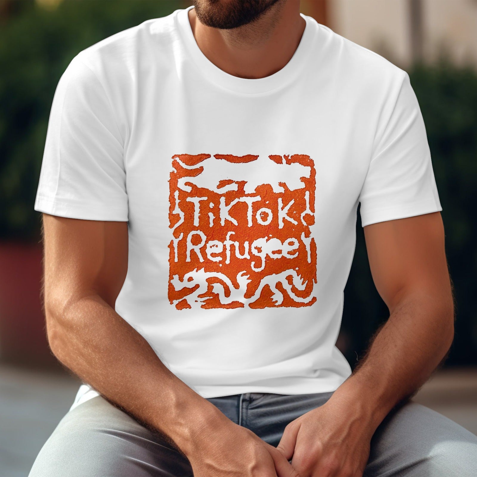 White Gildan T-shirt with "TikTok Refugee" orange stamp design; cotton fabric, unisex style.