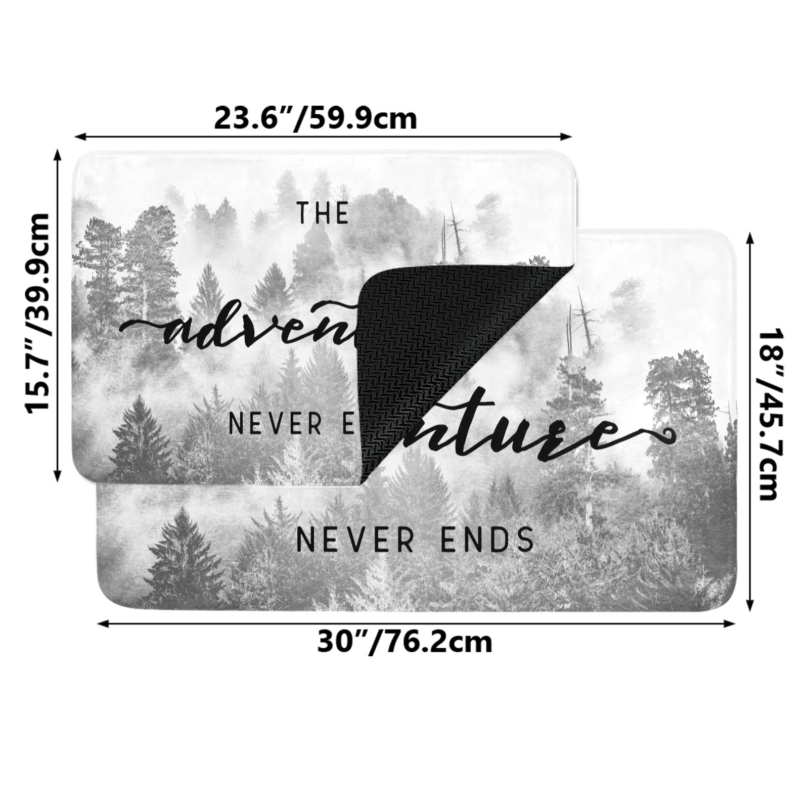 Forest entrance rubber doormat with "The Adventure Never Ends" quote and forest scene, home decor.