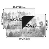 Forest entrance rubber doormat with "The Adventure Never Ends" quote and forest scene, home decor.